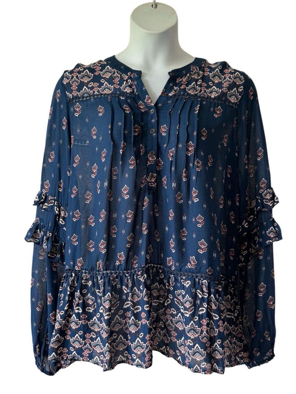 Knox Rose Cottagecore Navy Peasant Tunic Top Ruffled Pintucks Sz XXL New Boho